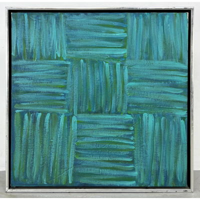 Abstract Modernist Acrylic Painting. Checkerboard design with striped brushstrokes. Framed 