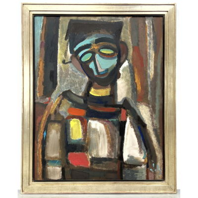 Abstract Oil on Panel Modernist Portrait. Cubist. Initialed JJ? Dimensions: H: 39.5 inches: 
