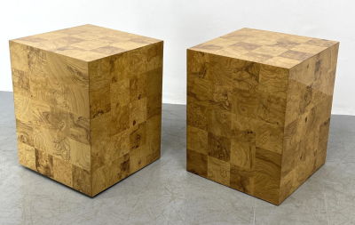 Pr Checkerboard Parquetry Modern Side Tables. Milo Baughman Style Burl or olive wood. 