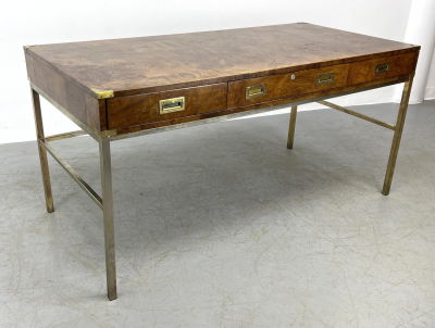 Campaign style Modernist Burl Wood Desk. Brass accents, hardware and trim. Dimensions: H: 30 