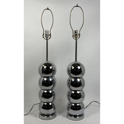 Pair Chrome Stacked Ball Table Lamps. Dimensions: H: 36 inches: W: 6 inches: D: 6 inches --- 