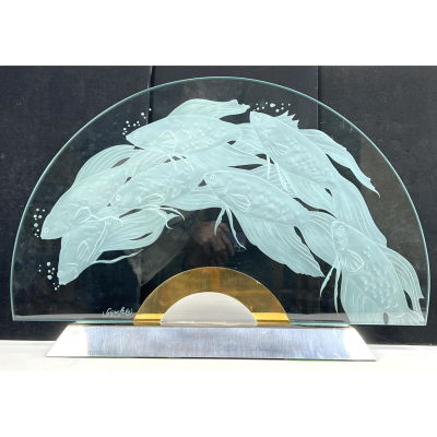 GAROFALO Etched Cut Glass Table Sculpture. Etched design of swimming fish. Signed. Dimensions: 