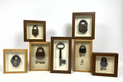 7pc Collection of Vintage Locks Keys. Shadowbox Framed Dimensions: H: 6.5 inches: W: 11.5 