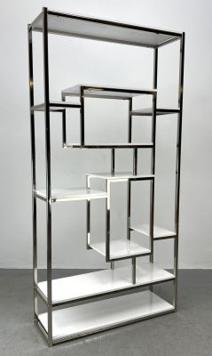 Chrome Modernist Etagere. White Display Shelves. Dimensions: H: 71 inches: W: 35.5 inches: D: 