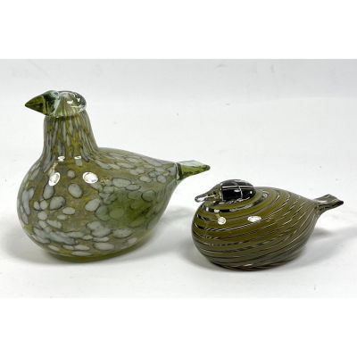 2pc IITTALA Art Glass Birds. Made in Finland. One stripe bands. One with mottled design. Both 