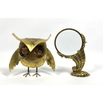 2pc Modern Metals Lot. 1) Signed BARA Metal Figural Owl Sculpture. 2). MAITLAND SMITH Metal 