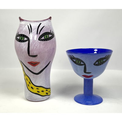 2pcs KOSTA BODA Art Glass Face Vessels. ULRICA Tall Vase and Cobalt Compote. Both marked 