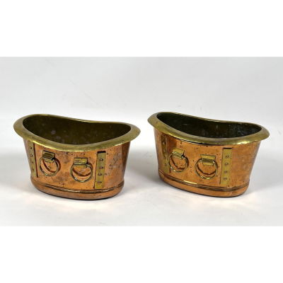 Pair WOOD Liberty and Co oval copper and brass mounted planters or wi. Pair WOOD Liberty and Co 