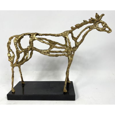 Brutalist gold gilt metal horse on marble base. Dimensions: H: 14.5 inches: W: 18 inches: D: 