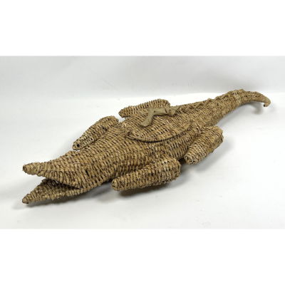 Woven Grass Figural Alligator Sculpture. Lid opens. Dimensions: H: 6 inches: W: 38 inches: D: 