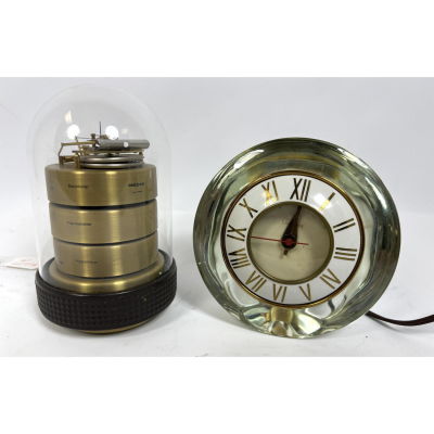 2 pc. Crystal Telechron clock and Howard Miller barometer thermometer hygrometer Under dome 