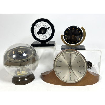 4pc Modernist Clock or Timer Collection. Mixed materials. Zodiac --- 
Condition: Not tested