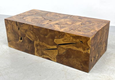 Natural Patchwork Wood Bench Platform Coffee table. Dimensions: H: 16 inches: W: 47 inches: 