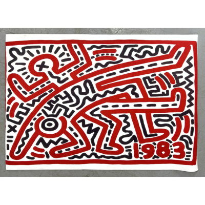 Contemporary Keith Haring 4' x 5'10 Carpet Wall Hanging. --- 
Condition: Very Good Condition.