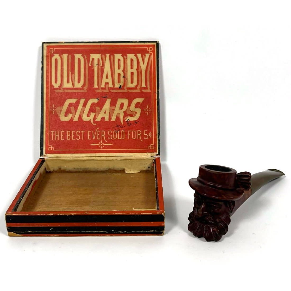old briar tobacco tin Lot 150 - 2pc Tobacciana Smoking Items. 1) OLD TABBY CIGARS Box. 2). Old  Briar Wood Pipe with Carved Bearded M