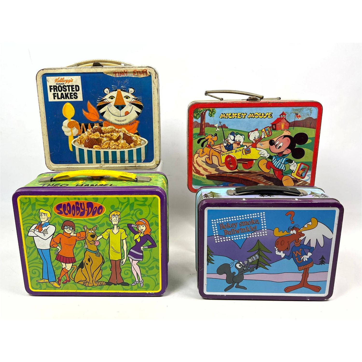 Lot 170 - 4pcs Vintage Metal Lunch Boxes. Scooby Doo, Mickey Mouse