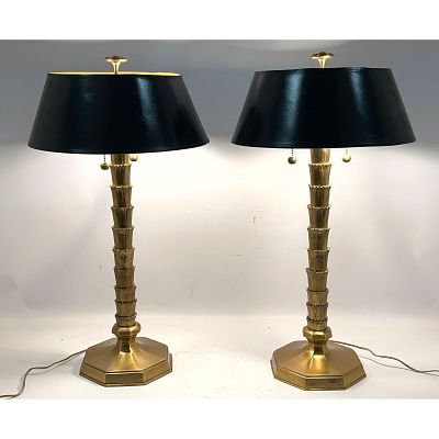 Pr Designer Brass Palm Tree Form Table Lamps. Black Shades. As You Like It. Dimensions: Height:
