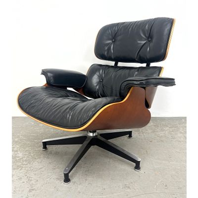 CHARLES EAMES for HERMAN MILLER Lounge Recliner Chair. Black Leather. Label. Dimensions: