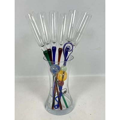 Set of Art Glass Long Stem Champagne Flutes in Glass Vase. 2 decorative elements. Art Glass.