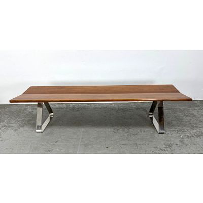 BERNHARDT DESIGN "Fly" Bench. Wide Chrome Band Open Triangle Legs support Wood Top. Marked.