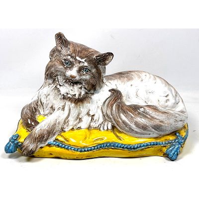 Vintage Italian Glazed Pottery Figural Cat Sculpture. Blue Eyed C at rests on Yellow pillow