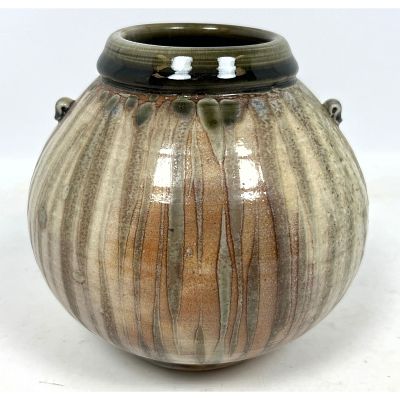 Handcrafted Pottery Studio Vessel Vase. Drip glaze on body with two mini handles. Artist's