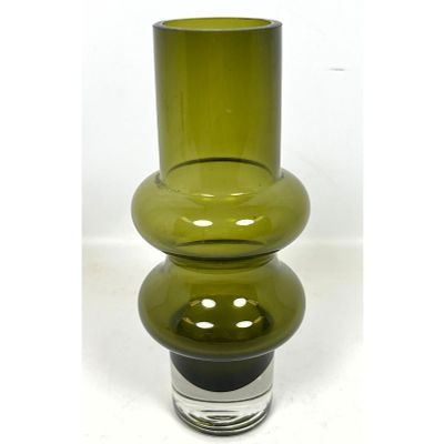 Riihimaki style MCM Olive Green Glass Vase. Solmuke style. Dimensions: Height: 10 inches