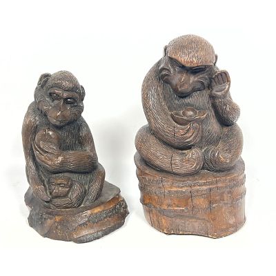 2pc Carved Wood Monkey Sculptures Figures. Possible Bamboo. Dimensions: Height: 11 inches