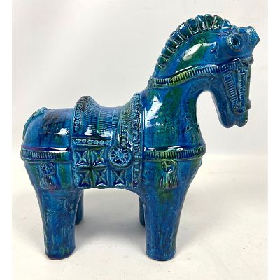 ALDO LONDI for BITOSSI Italian Horse. Blue Glazed Pottery Figural Sculpture. No marks.