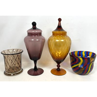 4pcs Lot of Vintage Art Glass, 2 Empoli Italy Apothecary Jars. Multicolor vase signed.