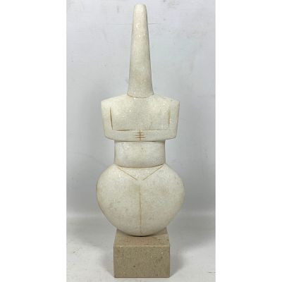Carved Stone Modernist Abstract Figural Sculpture. Human form with Cone Head. Dimensions: