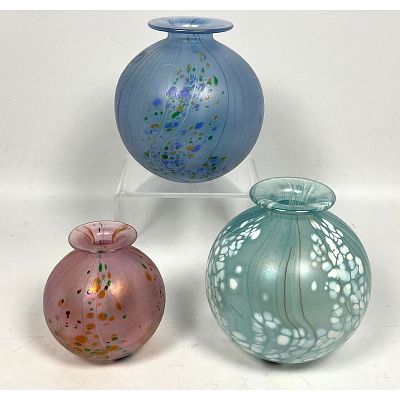 3pc English Studio ISLE of WIGHT Art Glass Vases. One signed MICHAEL HARRIS. All have Label.