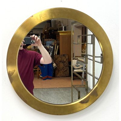 Brass Round Mirror by Glasmaster Markaryd Sweden. Label on back. Dimensions: Height: 22 inches