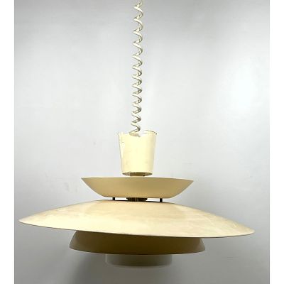 MCM Hanging Saucer Lamp. Tiered Metal Saucer from Shades. Adjustable length drop. Dimensions: