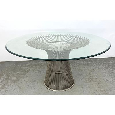 WARREN PLATNER Chrome Rod Base Dining Table. 53" Glass Top. this lot i Dimensions: Height: 27