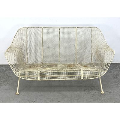 RUSSELL WOODARD Sculptura Outdoor Garden Love Seat. Woven mesh design. Old white paint. Outdoor