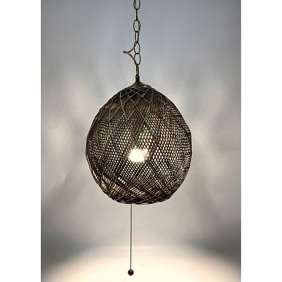 Woven Triangular Pattern Rattan Pendant Lamp. Dimensions: Height: 15 inches, Width: 12 inches