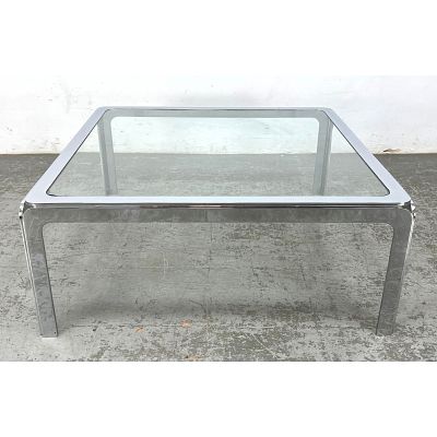 Pace style Chrome Cocktail table. Inset Glass Top. Heavy steel frame. Dimensions: Height: 16