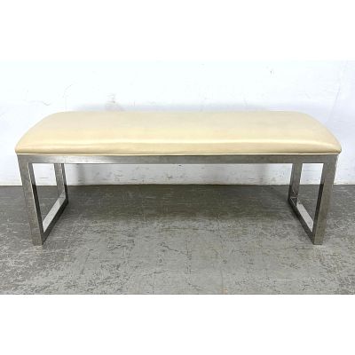 Baughman Style Chrome Frame Cream Vinyl Modern Bench. Dimensions: Height: 18 inches, Width: 48