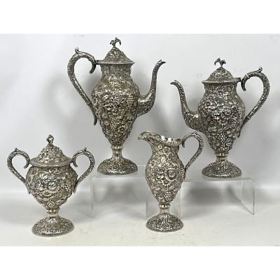 LORING ANDREWS Sterling Silver Heavy Repousse Tea set. Floral Decorated. Cincinnati USA.