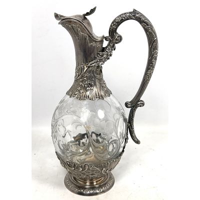 Fine Antique French Sterling and Engraved Crystal Claret Jug Pitcher. Marked as shown in 2 photos;