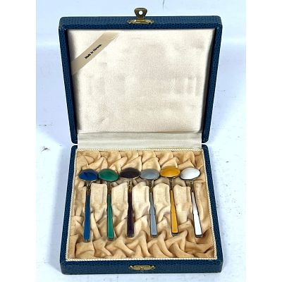 Set 6 NORWAY enameled sterling demitasse spoons in box - Mid-century set of 6 guilloche enamel