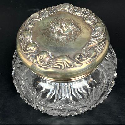UNGER BROS Sterling Silver Vanity Dresser Jar. "Love's Dream" . Cut Crystal Jar has Sterling Top.