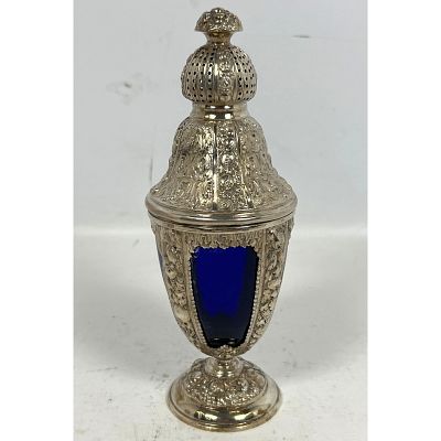 800 Silver and Blue Glass Sugar Caster / Shaker. Fancy silver. 7 ozt weighable. Dimensions: