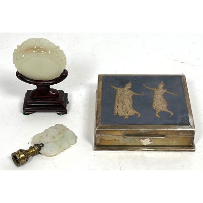 3pc Asian Lot. 2 pcs small Chinese Jade. Siam Sterling Silver Box. Dimensions: Height: 3.75