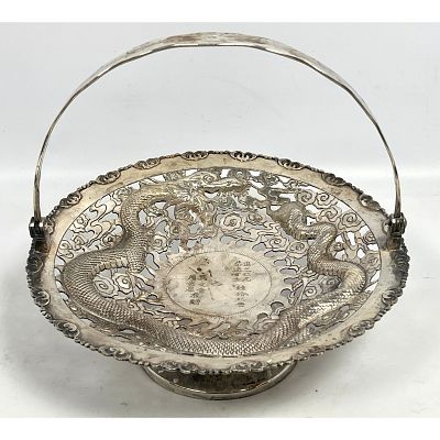 Chinese Silver Signed Asian Dragon Basket. Large Handled Basket has deep relief dragon. Marked.