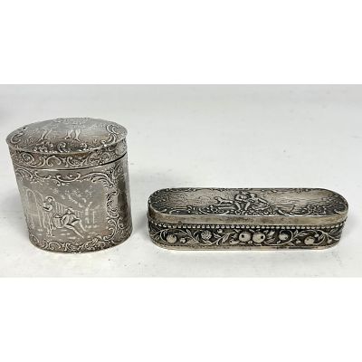 2pcs Dutch Silver Lidded boxes. Repousse One marked 800 Dimensions: Height: 2.5 inches, Width:
