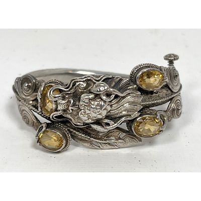 Sterling Silver Ornate Hinged Cuff Bracelet. Full Dragon grasps large faceted citrines in