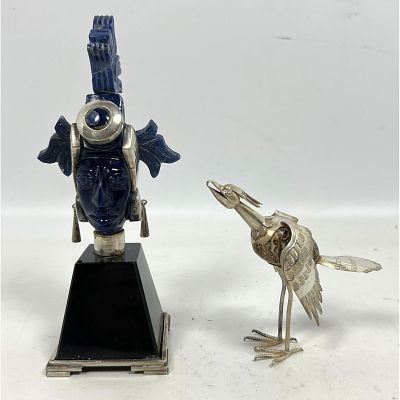 2pc Mexican Sterling, Stone Figural Sculptures. 1) GILES Taxco Carved Sodalite Warrior Bust