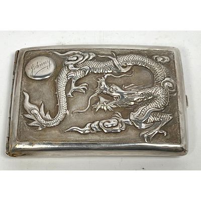 Chinese Sterling Cigarette Case Decorated with Dragons. Dimensions: Height: 3 inches, Width: